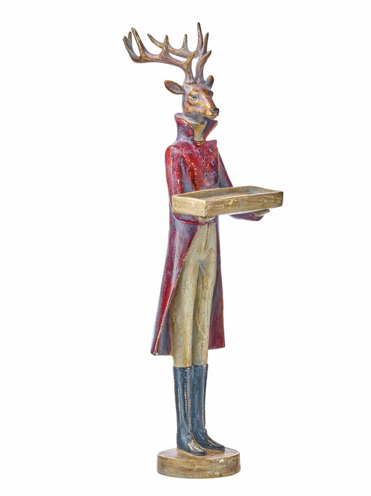 Anthropomorphic deer figurine in red coat holding a tray, standing upright on a round base