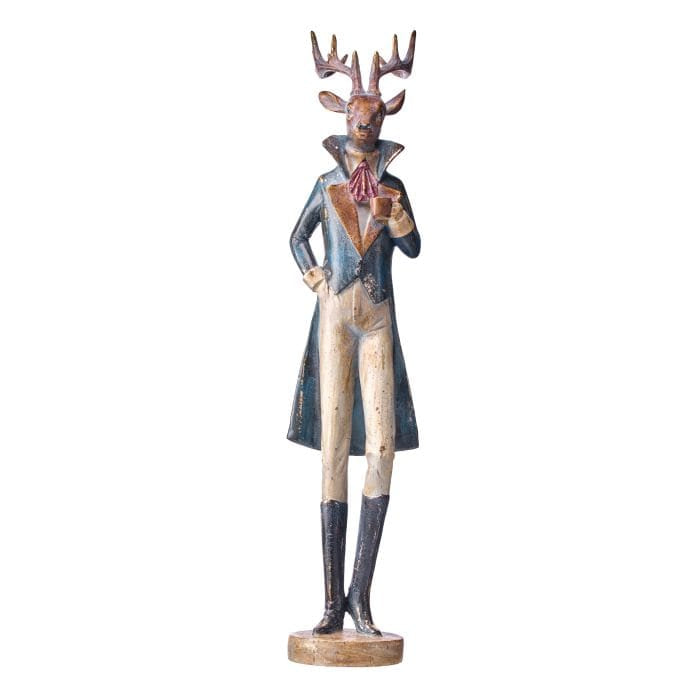 Tall resin deer figurine in gentleman's blue tailcoat holding a small coffee cup, full front view