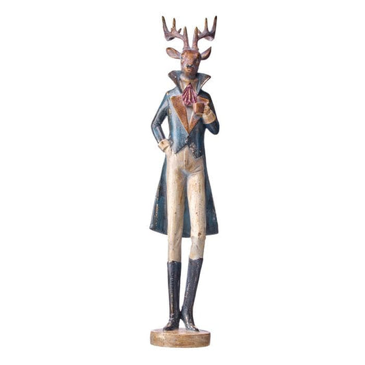 Tall resin deer figurine in gentleman's blue tailcoat holding a small coffee cup, full front view