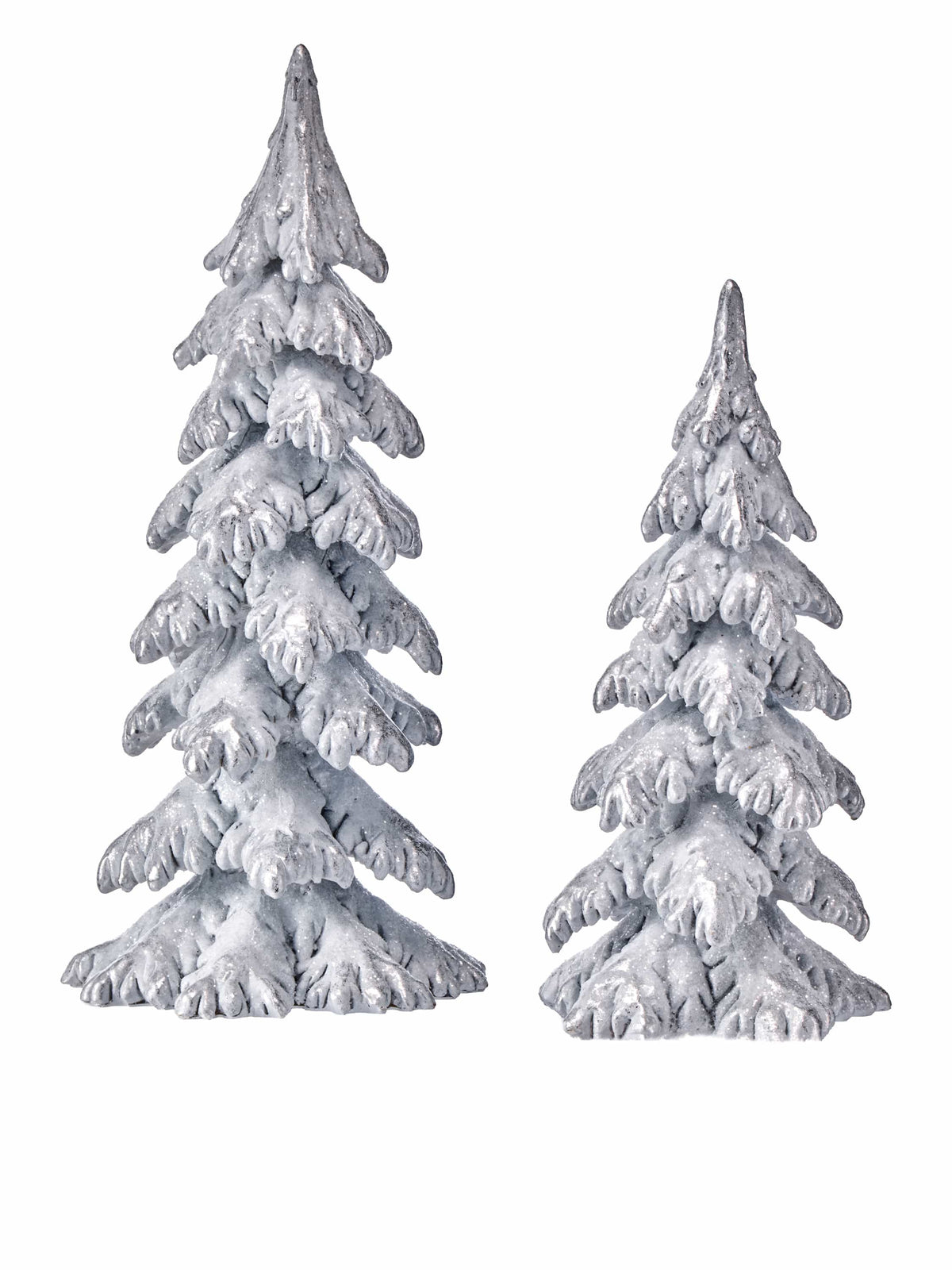 Set of two silver glittered resin evergreen tree figurines with snow-dusted branches, large and small