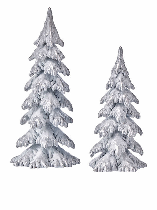 Set of two silver glittered resin evergreen tree figurines with snow-dusted branches, large and small