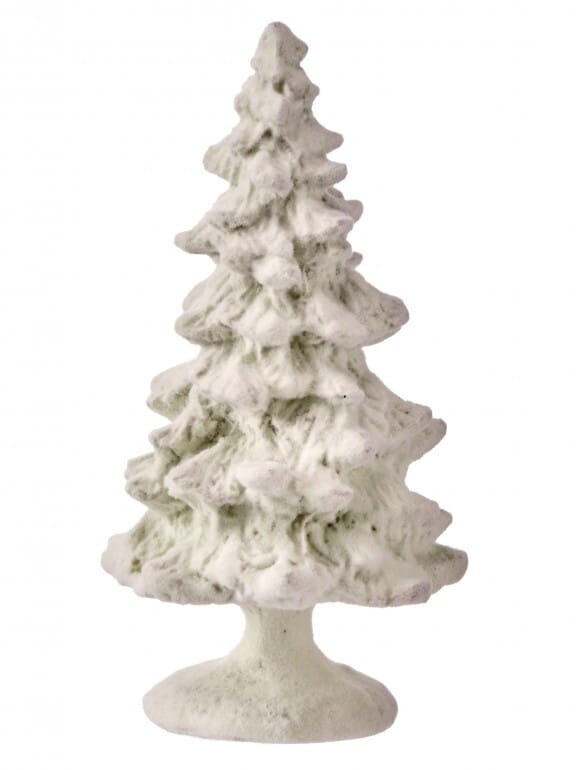White flocked resin Christmas tree figurine with snow-dusted evergreen layers on round base