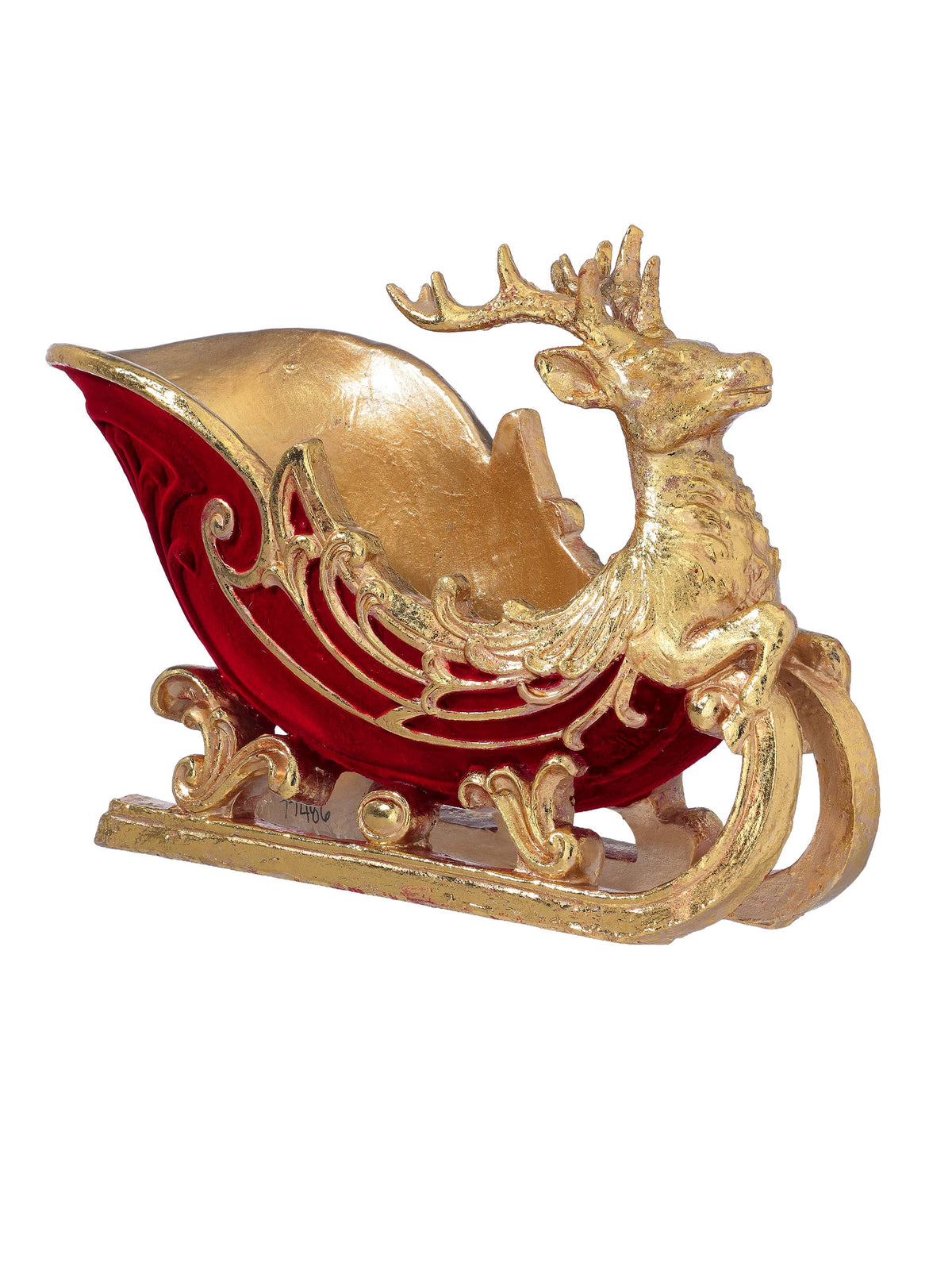 Decorative resin Christmas sleigh with gold reindeer figurehead and red velvet interior, side angle view