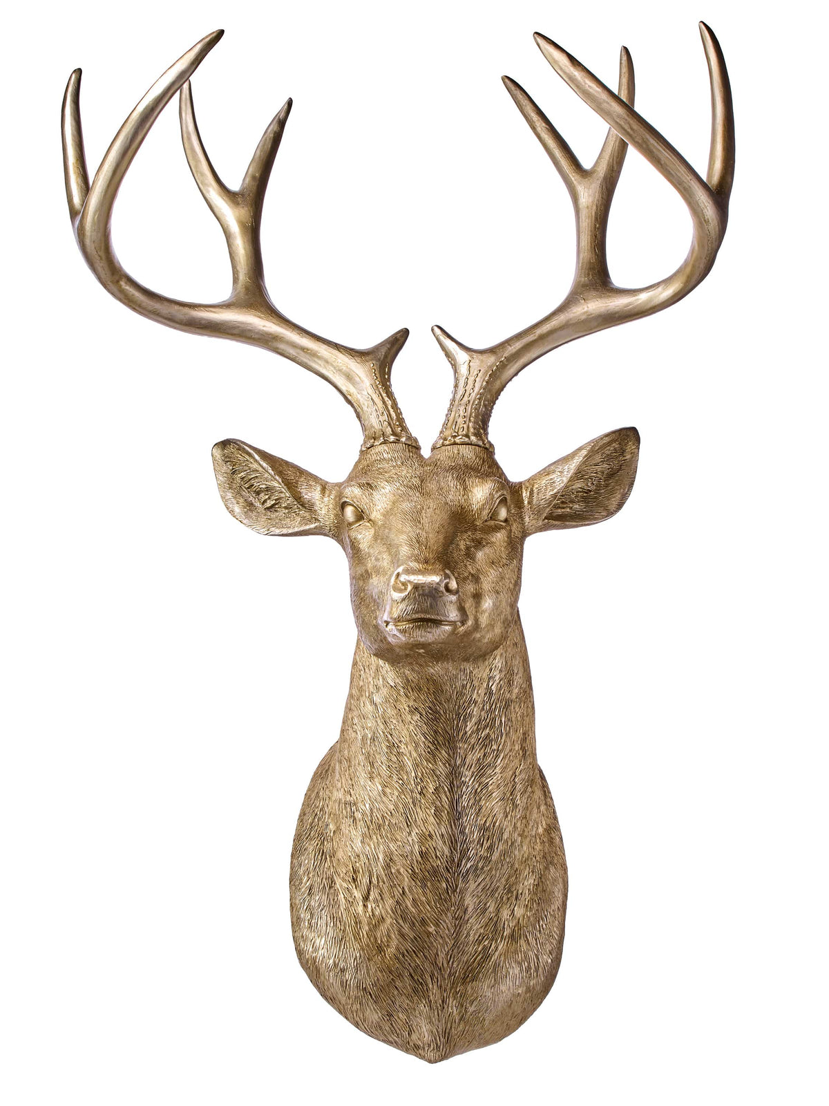 Gold resin deer bust wall mount with large antlers, front-facing view