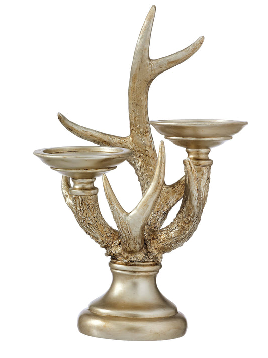 Gold resin antler double candle holder with two dish-style candle cups on round base