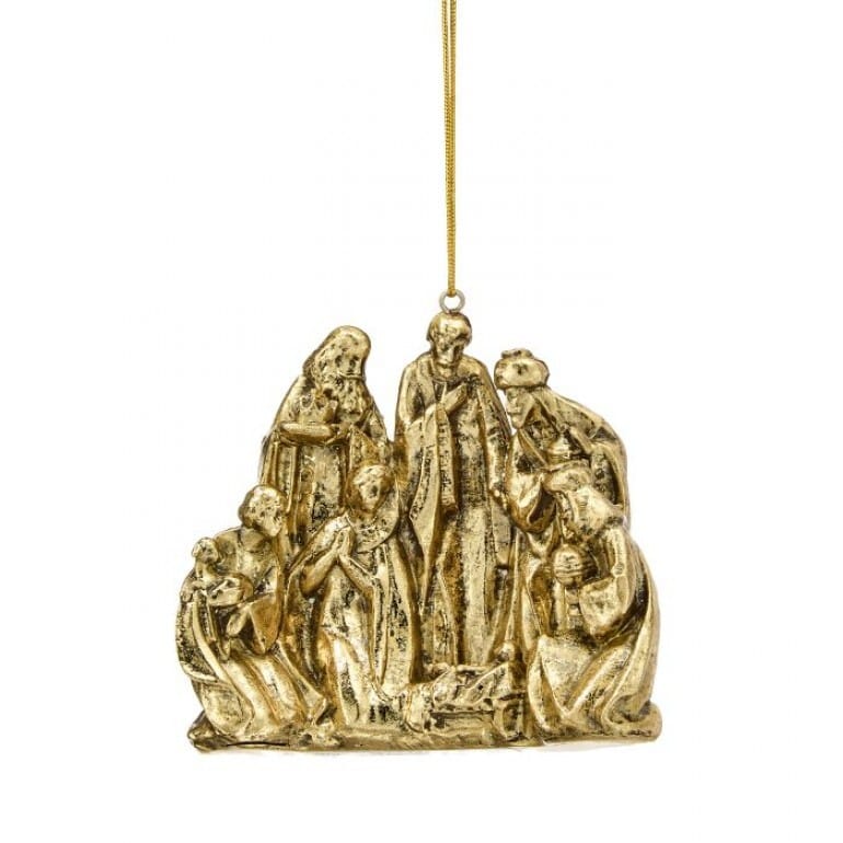 Gold resin nativity scene Christmas ornament with metallic finish and hanging cord
