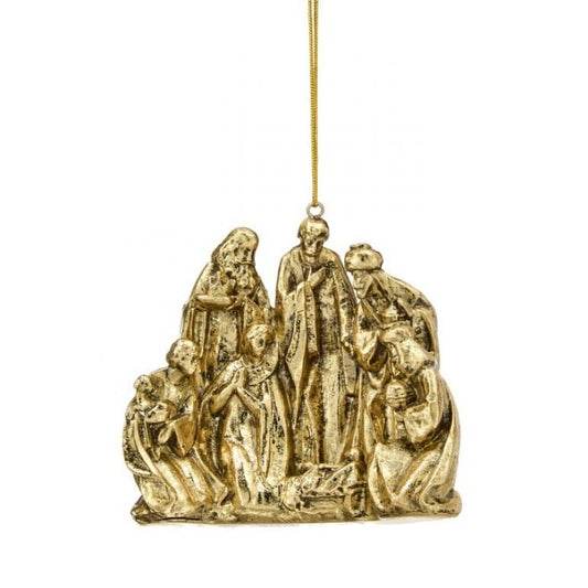 Gold resin nativity scene Christmas ornament with metallic finish and hanging cord