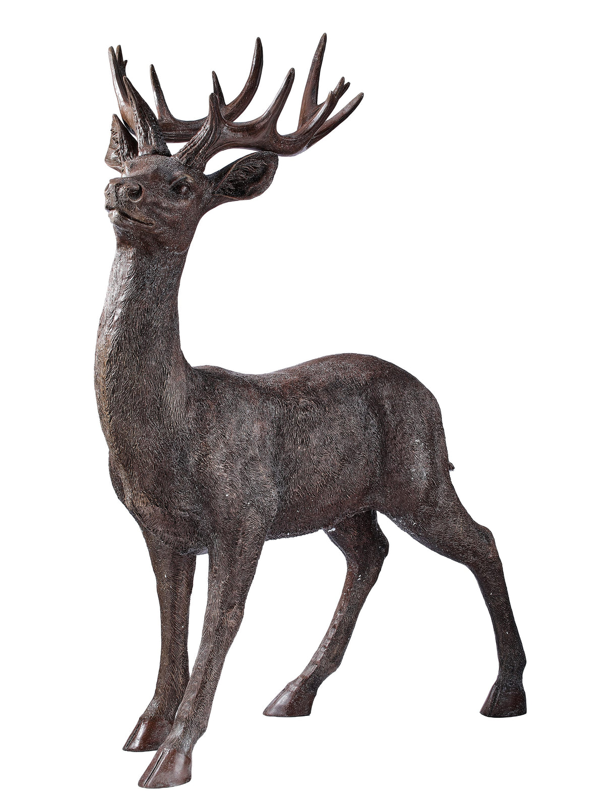 Large resin standing stag deer sculpture with detailed antlers, dark bronze finish, side-angle view