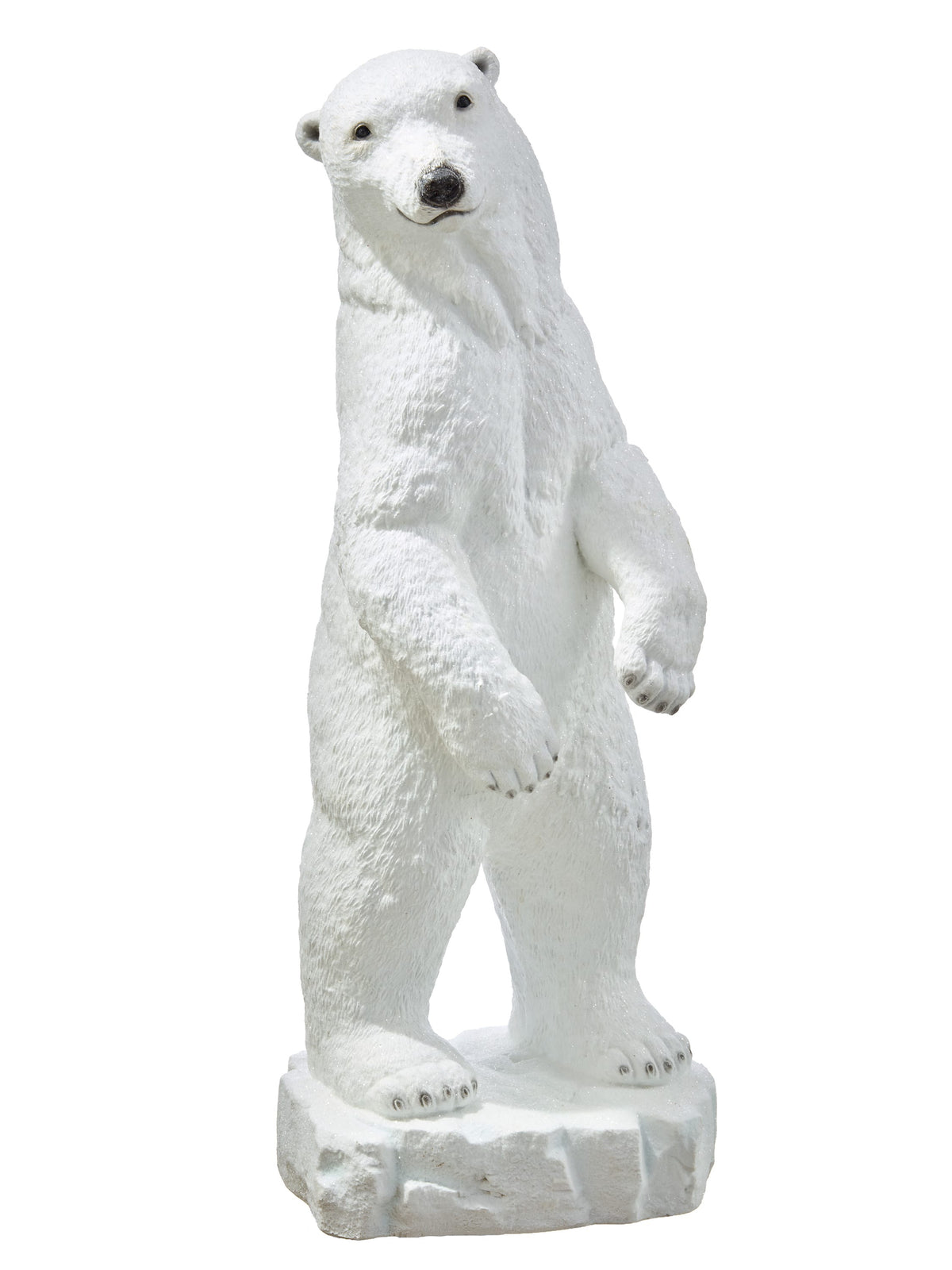 White resin polar bear statue standing upright on an ice-shaped base, front angle view