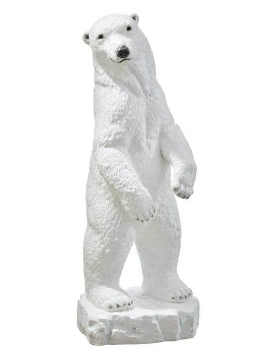 White resin polar bear statue standing upright on an ice-shaped base, front angle view