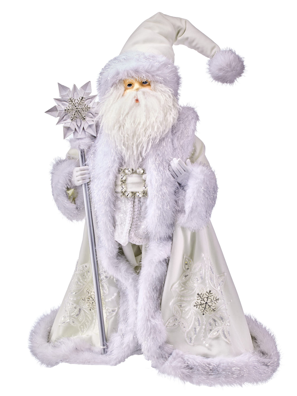 Santa Claus figurine in white robe with fur trim, holding silver snowflake staff, front view