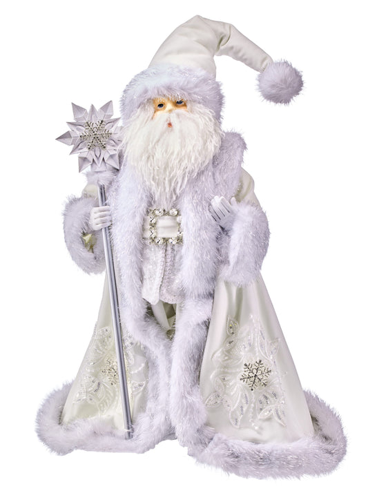 Santa Claus figurine in white robe with fur trim, holding silver snowflake staff, front view
