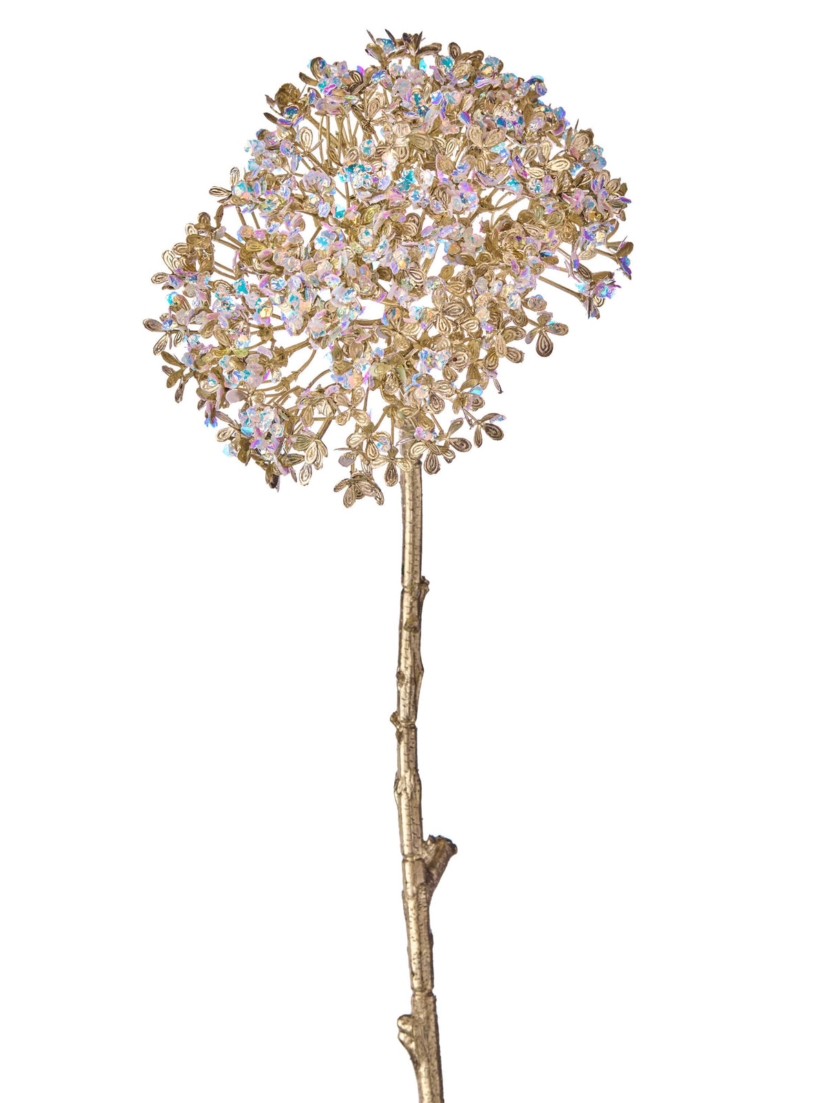 Decorative faux Queen Anne's Lace stem with gold metallic finish and iridescent crystal-like floral clusters