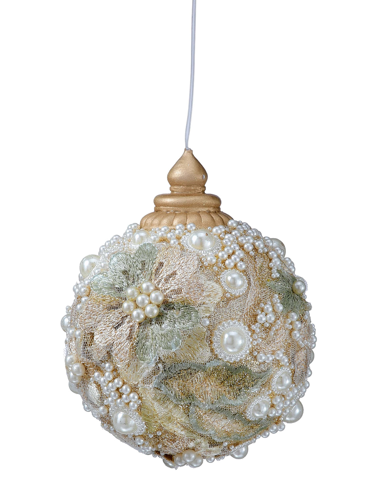 Round ornament covered in lace floral embroidery, pearl beads, and glitter with gold finial top