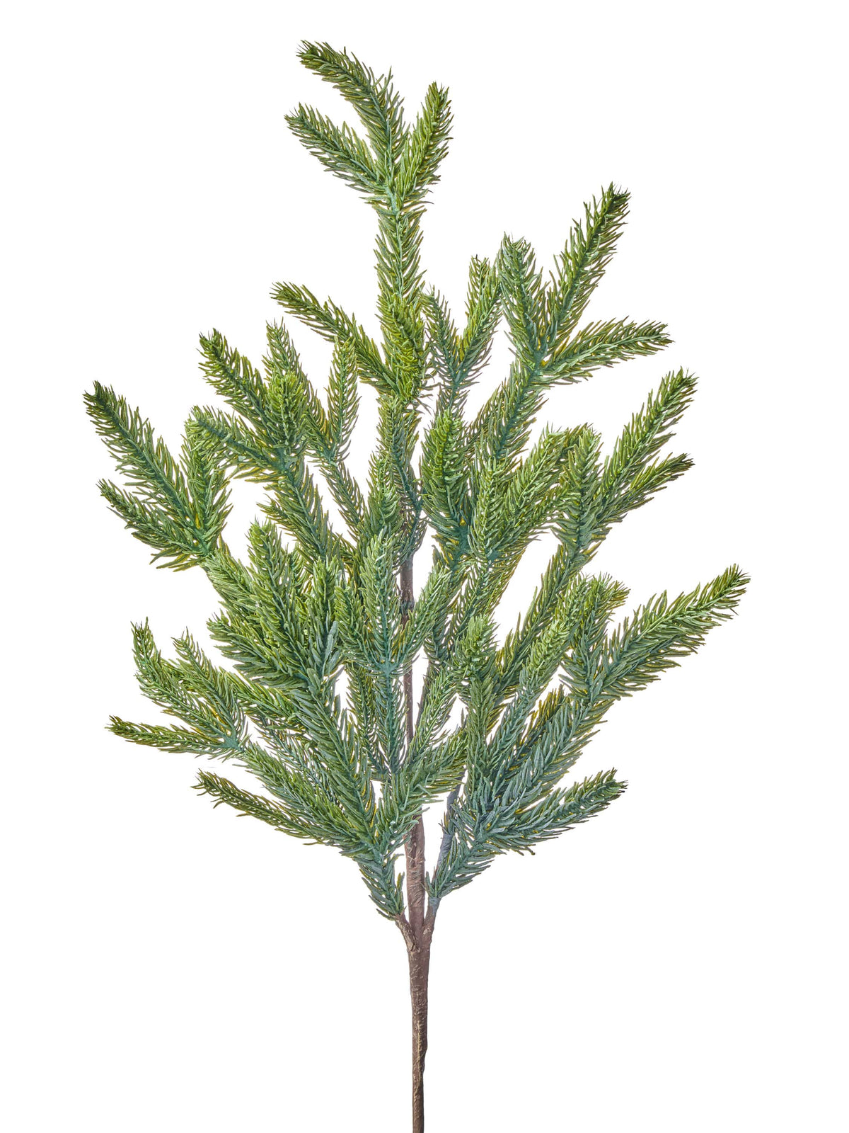 Artificial fir spray branch with dense needle clusters on a single brown stem, front view