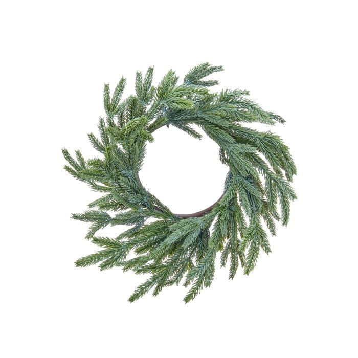 Small circular evergreen fir wreath with feathery pine branches and open center, top view