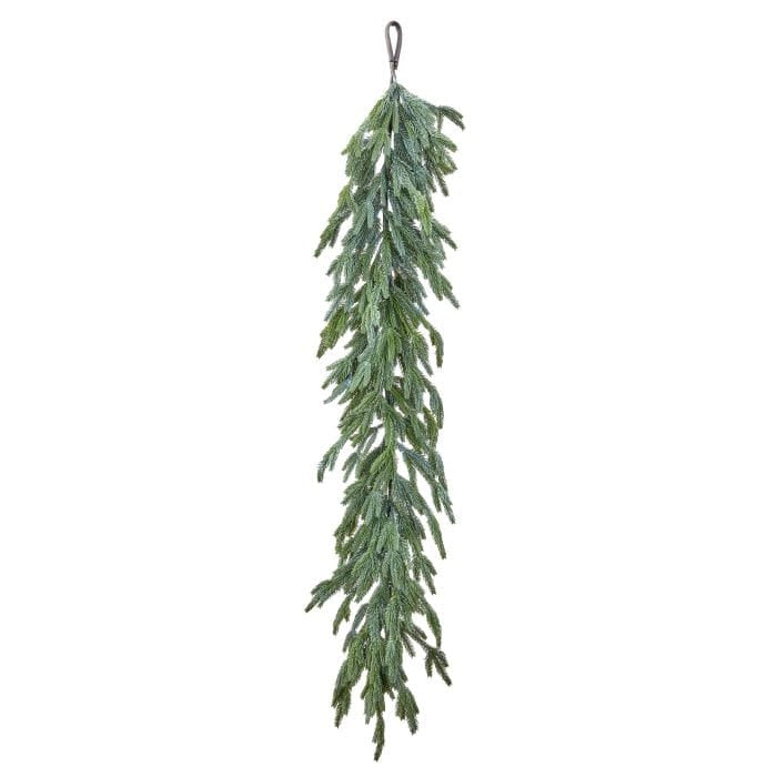 Vertical hanging fir garland with cascading evergreen branches and metal loop hanger, front view