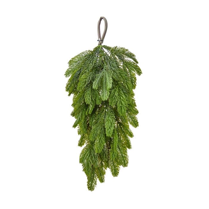 Hanging teardrop swag of realistic noble fir branches with rope loop hanger, front view