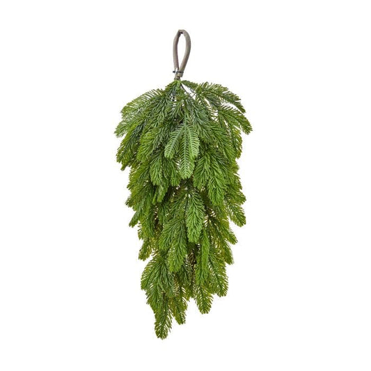 Hanging teardrop swag of realistic noble fir branches with rope loop hanger, front view