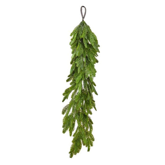 Hanging evergreen fir garland swag with cascading branches and burlap loop hanger, front view