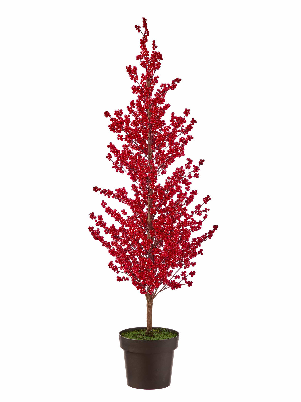 Tall potted artificial tree densely covered in red berries in a dark round planter