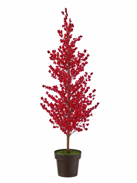 Tall potted artificial tree densely covered in red berries in a dark round planter