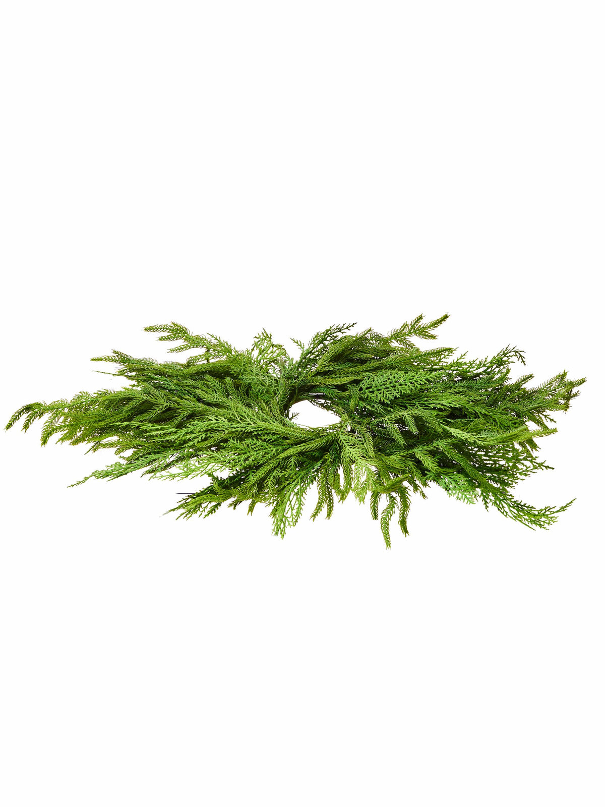 Oval cedar and Norfolk pine centerpiece wreath laid flat, lush green foliage, top view