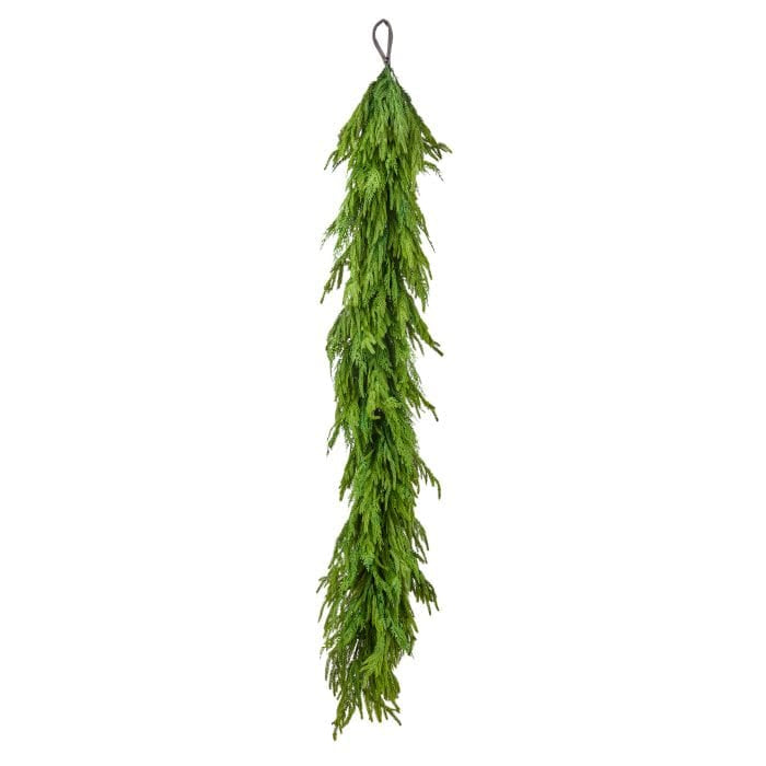 Long hanging cedar and Norfolk pine artificial garland with layered green foliage, front view