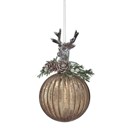 Hanging ball ornament with ribbed mercury glass globe, deer head topper, pinecones, and greenery