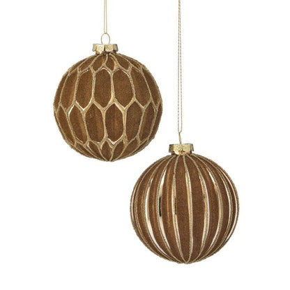 Two brown flocked glass ball ornaments with gold glitter patterns, honeycomb and striped designs