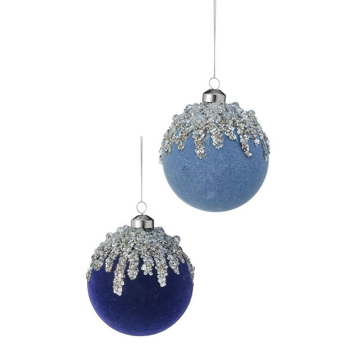 Two velvet ball ornaments in blue tones adorned with silver sequin and beaded ice drip details