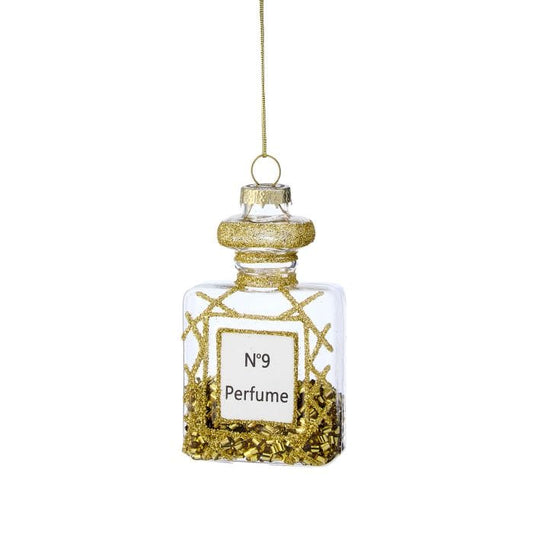 Glass perfume bottle Christmas ornament with gold glitter details and No. 9 label, hanging view
