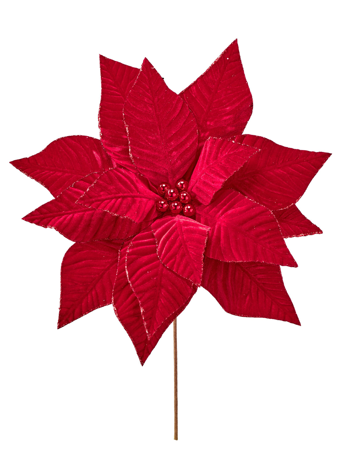 Large velvet poinsettia stem with glitter-edged bracts and red berry center on a wooden stick