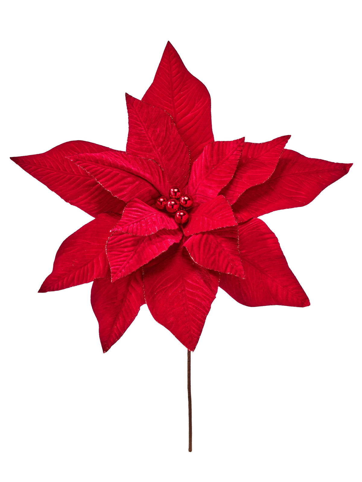 Large red velvet poinsettia artificial flower stem with glitter edges and berry center