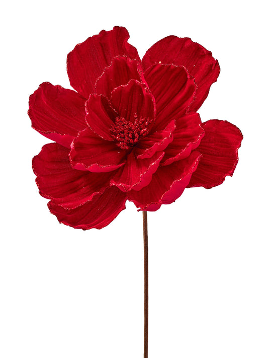 Large red velvet magnolia artificial flower on a single stem, front view