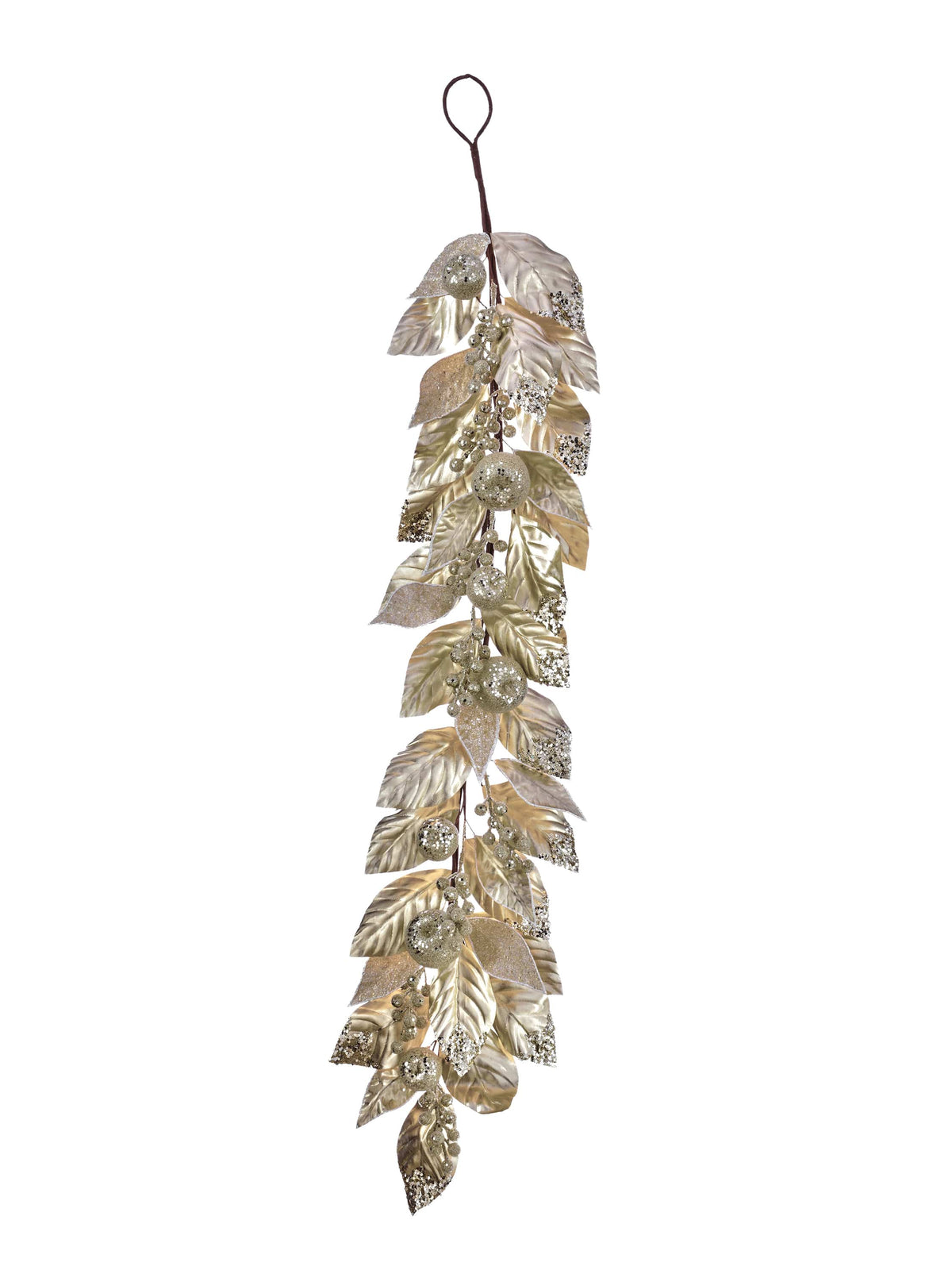 Hanging garland with gold magnolia leaves, glitter accents, and beaded fruit clusters on a wire stem