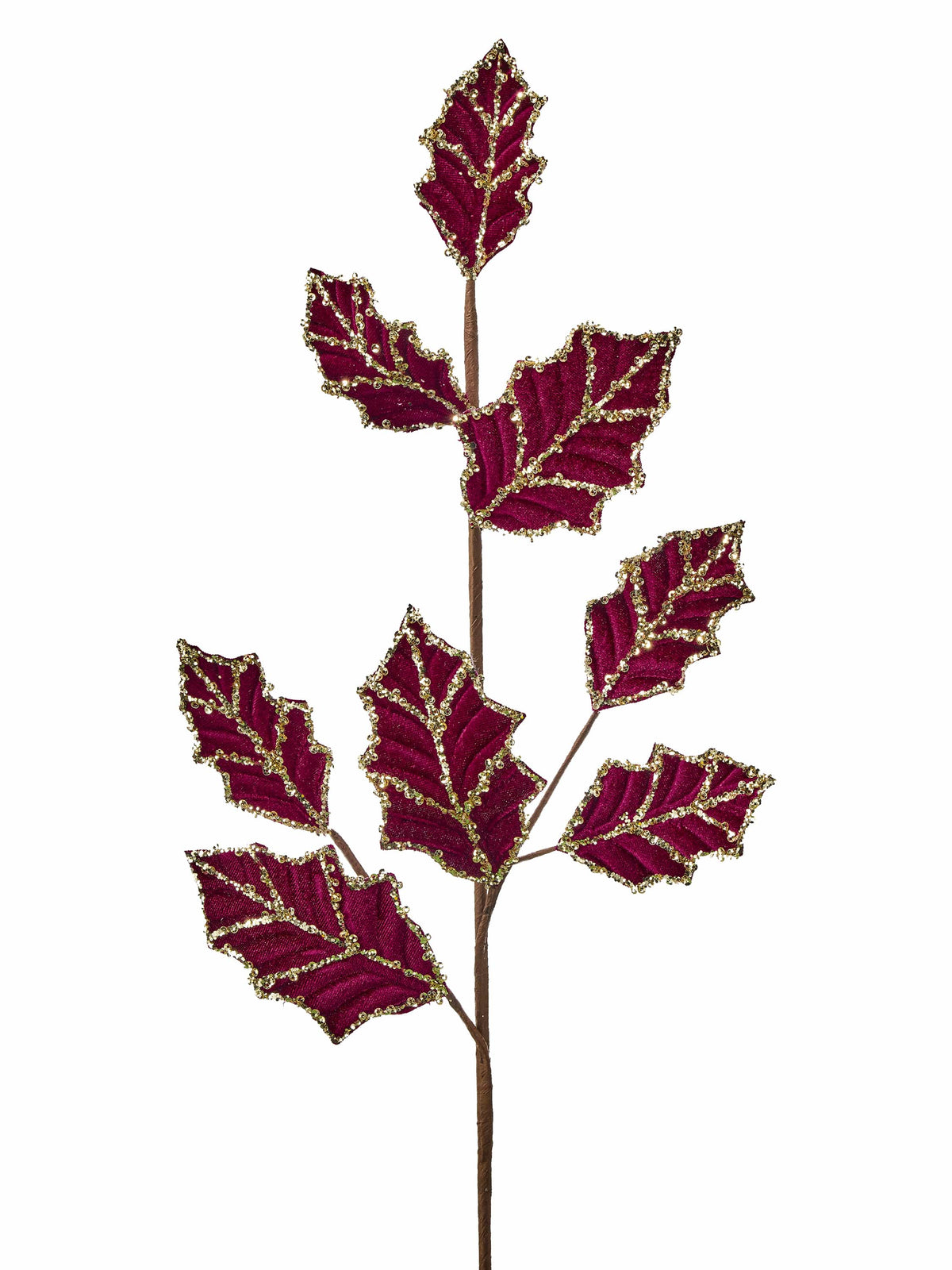 Artificial holly leaf spray with velvet burgundy leaves and gold glitter edges on a brown stem