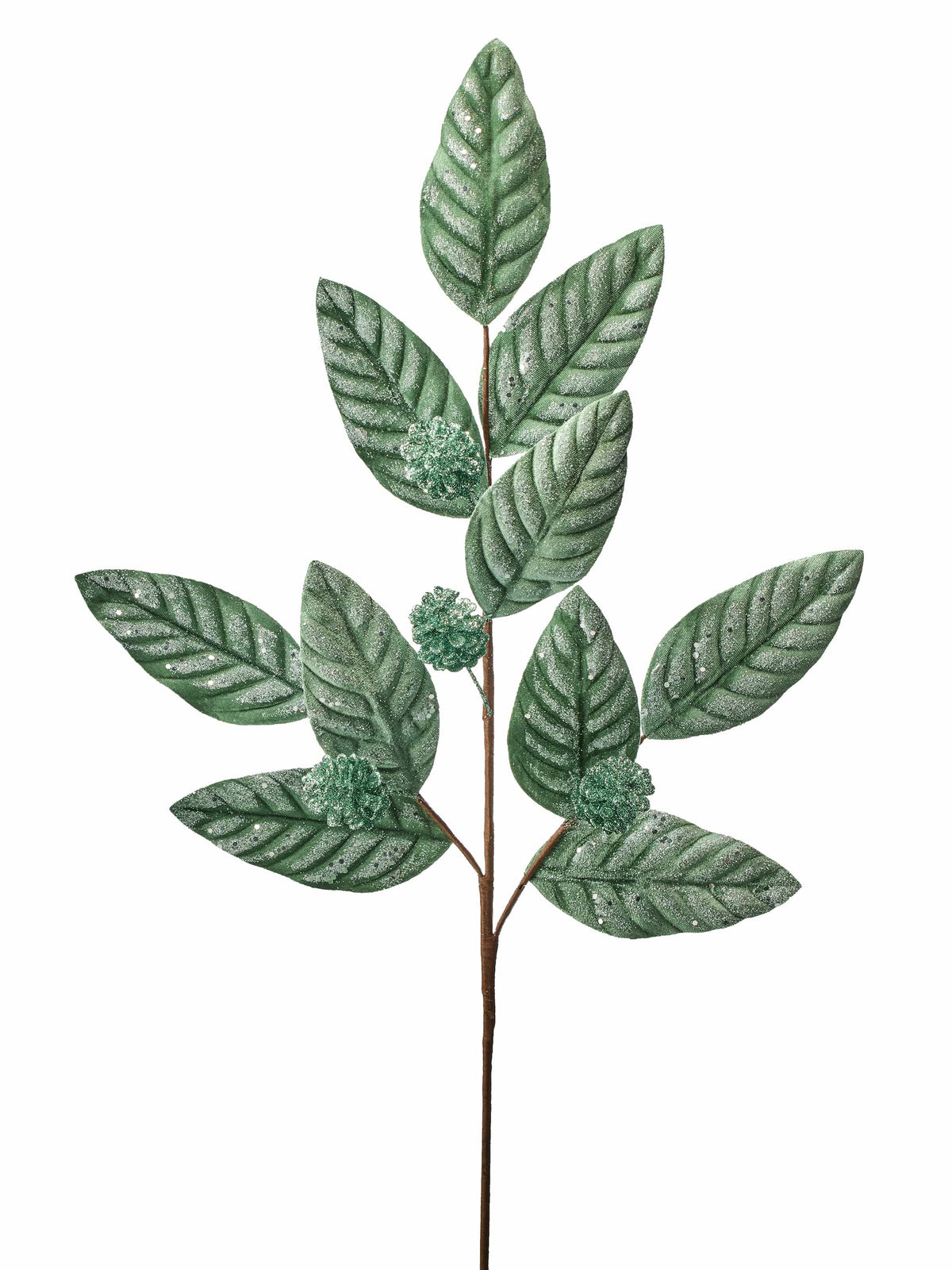 Artificial green velvet leaf spray with glitter finish and small decorative cone clusters on brown stem