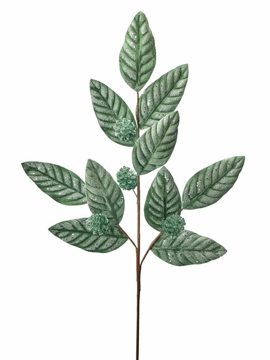 Artificial green velvet leaf spray with glitter finish and small decorative cone clusters on brown stem