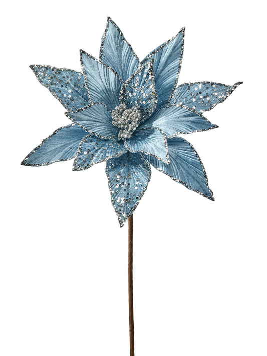 Artificial blue velvet poinsettia flower stem with silver glitter and sequin edges on a brown stick