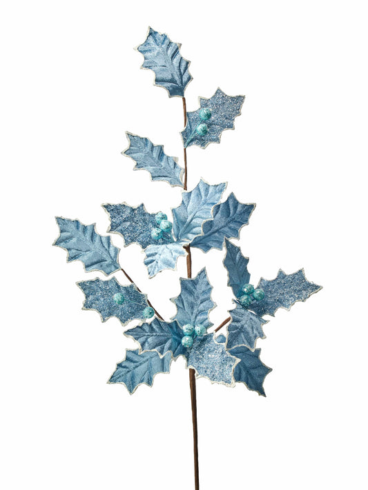 Artificial holly spray with glitter-dusted blue leaves, silver edges, and teal berry clusters
