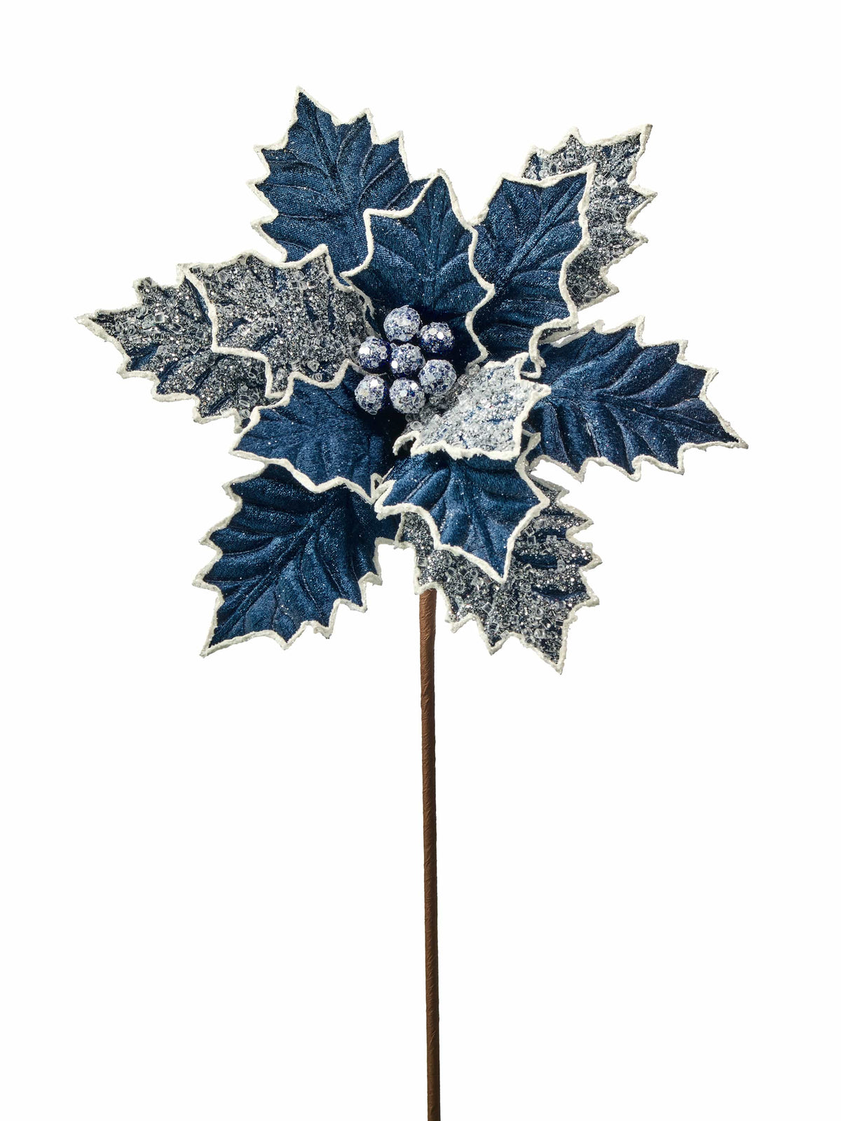 Navy blue velvet poinsettia stem with silver glitter accents, white edges, and decorative berry center
