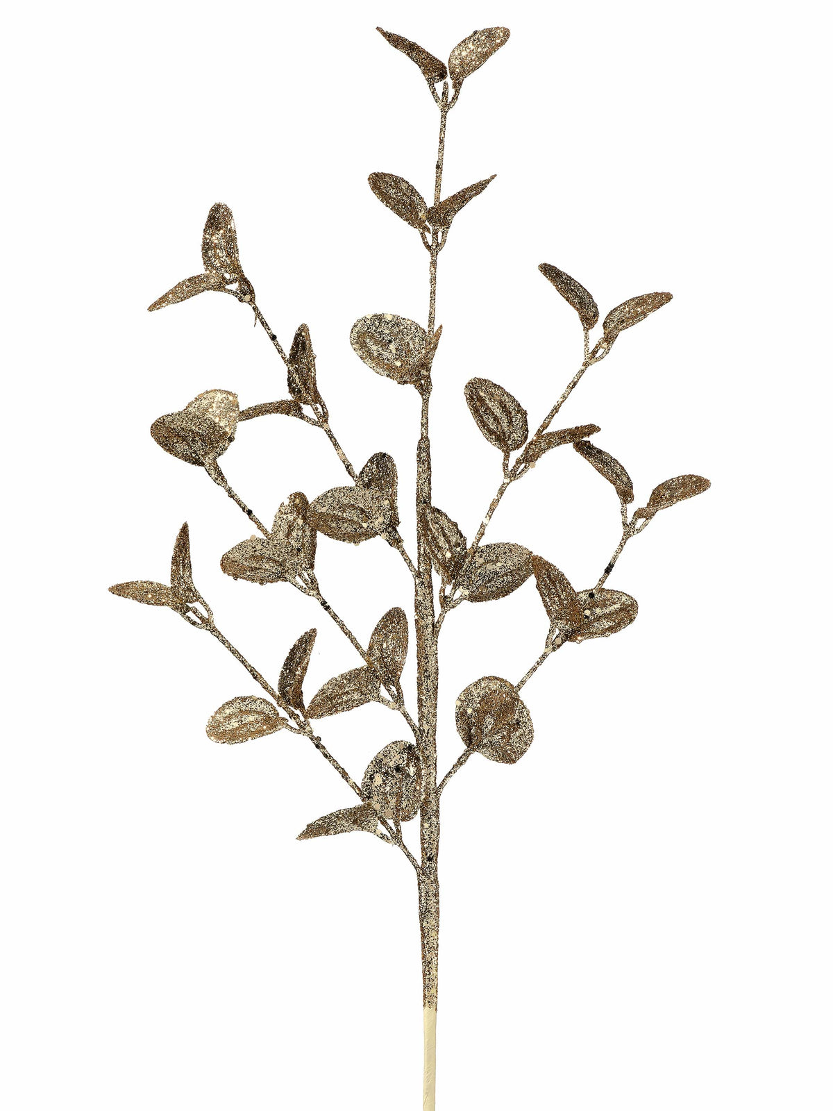 Glitter-coated artificial eucalyptus spray with rounded leaves on a single stem, front view