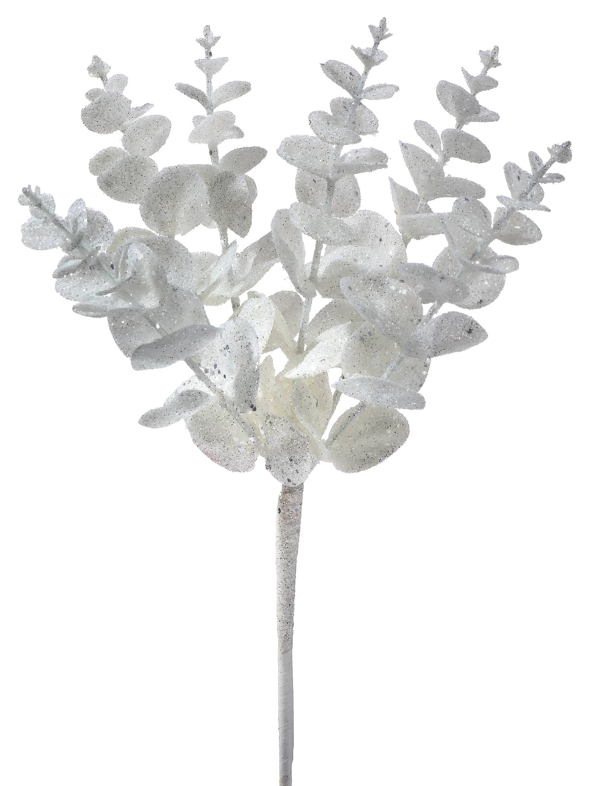 White glitter-coated artificial eucalyptus spray with round leaves on a single stem