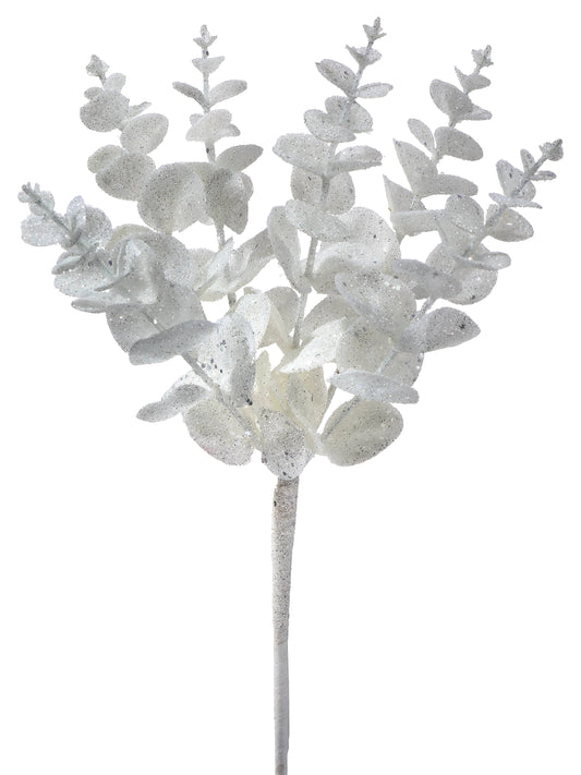 White glitter-coated artificial eucalyptus spray with round leaves on a single stem