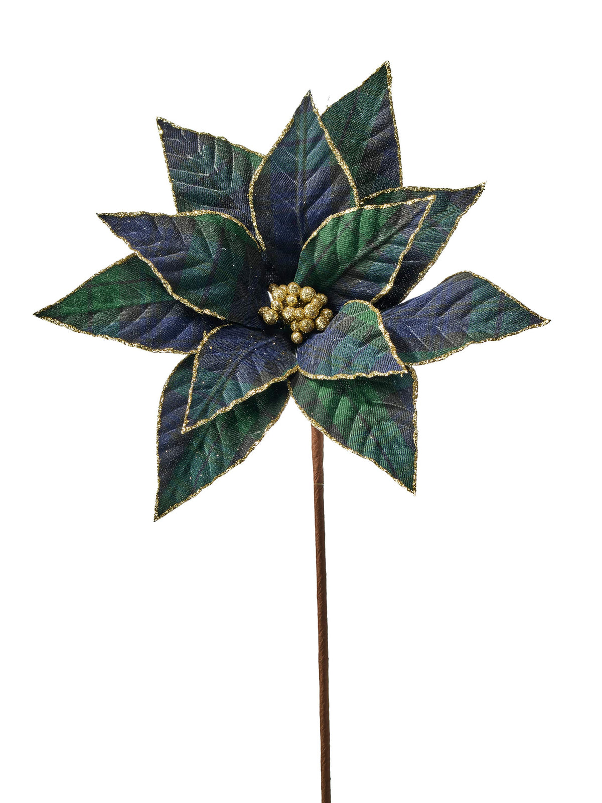 Artificial poinsettia stem with navy and green plaid petals, gold glitter trim, and gold berry center