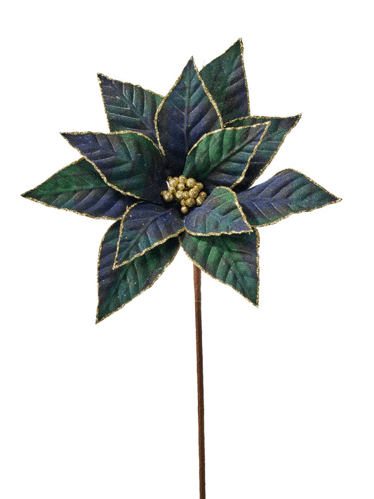 Artificial poinsettia stem with navy and green plaid petals, gold glitter trim, and gold berry center