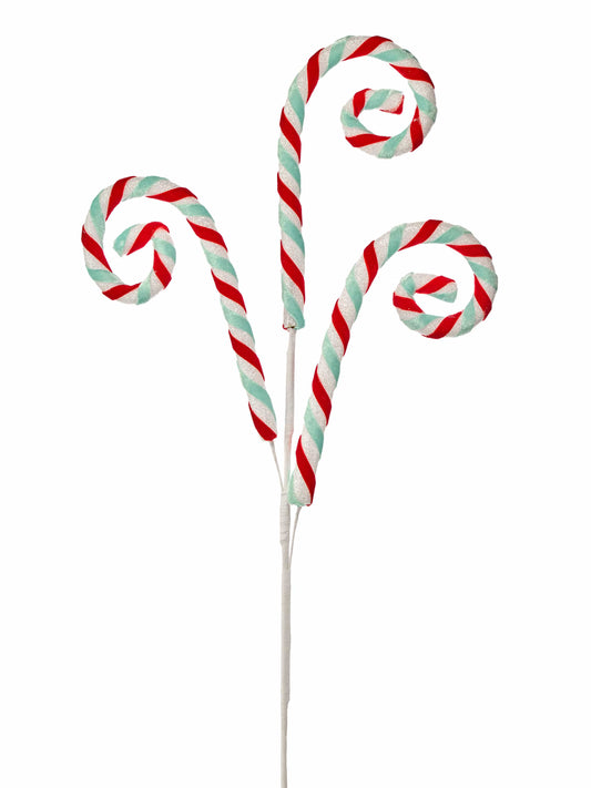 Three spiral swirl candy cane picks on white stems, red and mint striped with glitter