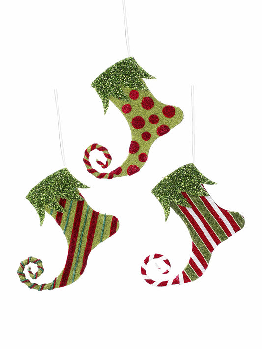 Three glitter elf boot Christmas ornaments in green and red with curled toes, hanging display