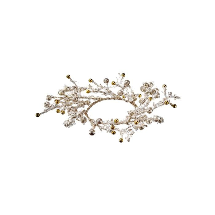 Glittery silver branch candle ring with gold beaded accents, top-down view